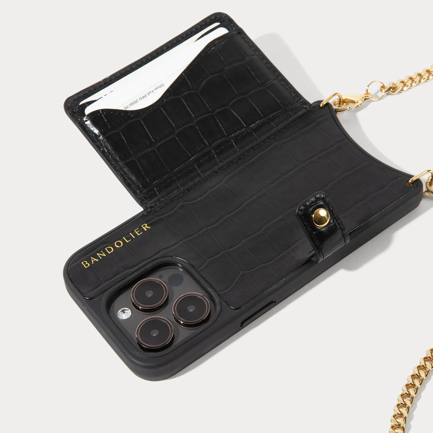 Mona MagSafe Charging Crossbody Bandolier - Black Croc/Gold