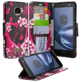 Moto Z Droid Case, Wrist Strap Flip Folio [Kickstand] Pu Leather Wallet Case with ID & Credit Card Slots & Money Pocket - Heart Butterflies