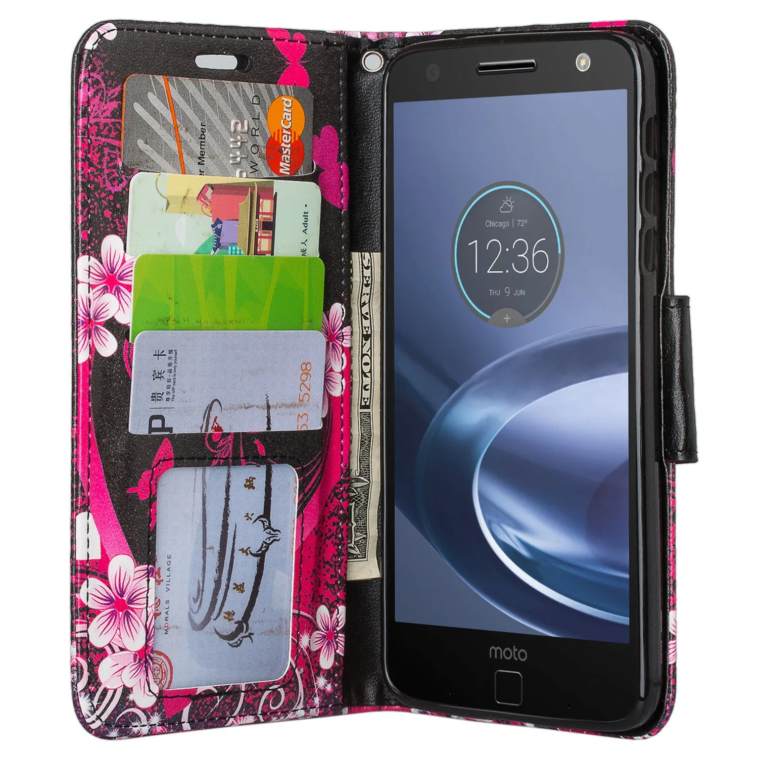 Moto Z Droid Case, Wrist Strap Flip Folio [Kickstand] Pu Leather Wallet Case with ID & Credit Card Slots & Money Pocket - Heart Butterflies