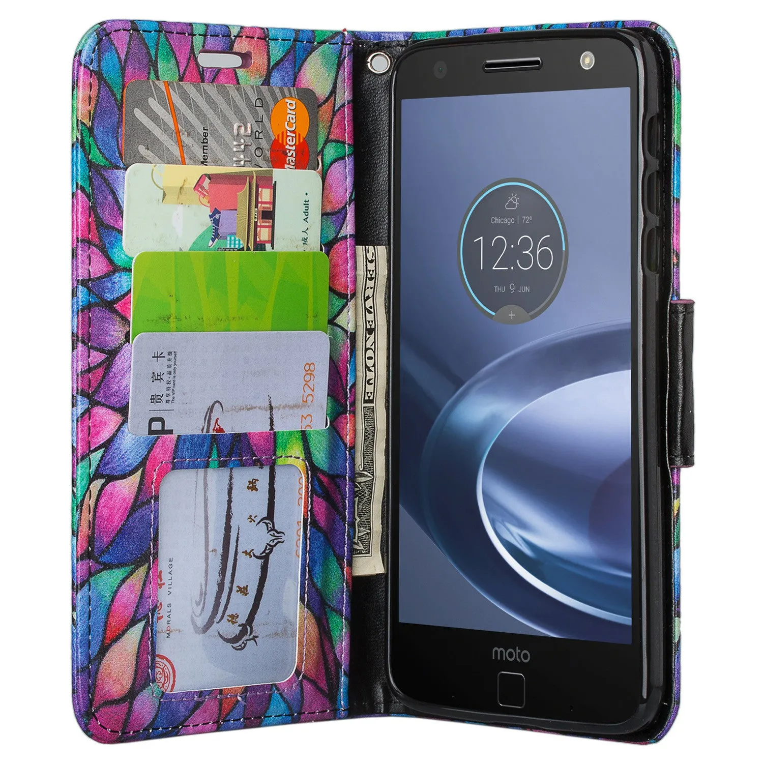 Moto Z Force Droid Case, Wrist Strap Flip Folio [Kickstand] Pu Leather Wallet Case with ID & Credit Card Slots & Money Pocket - Rainbow Flower