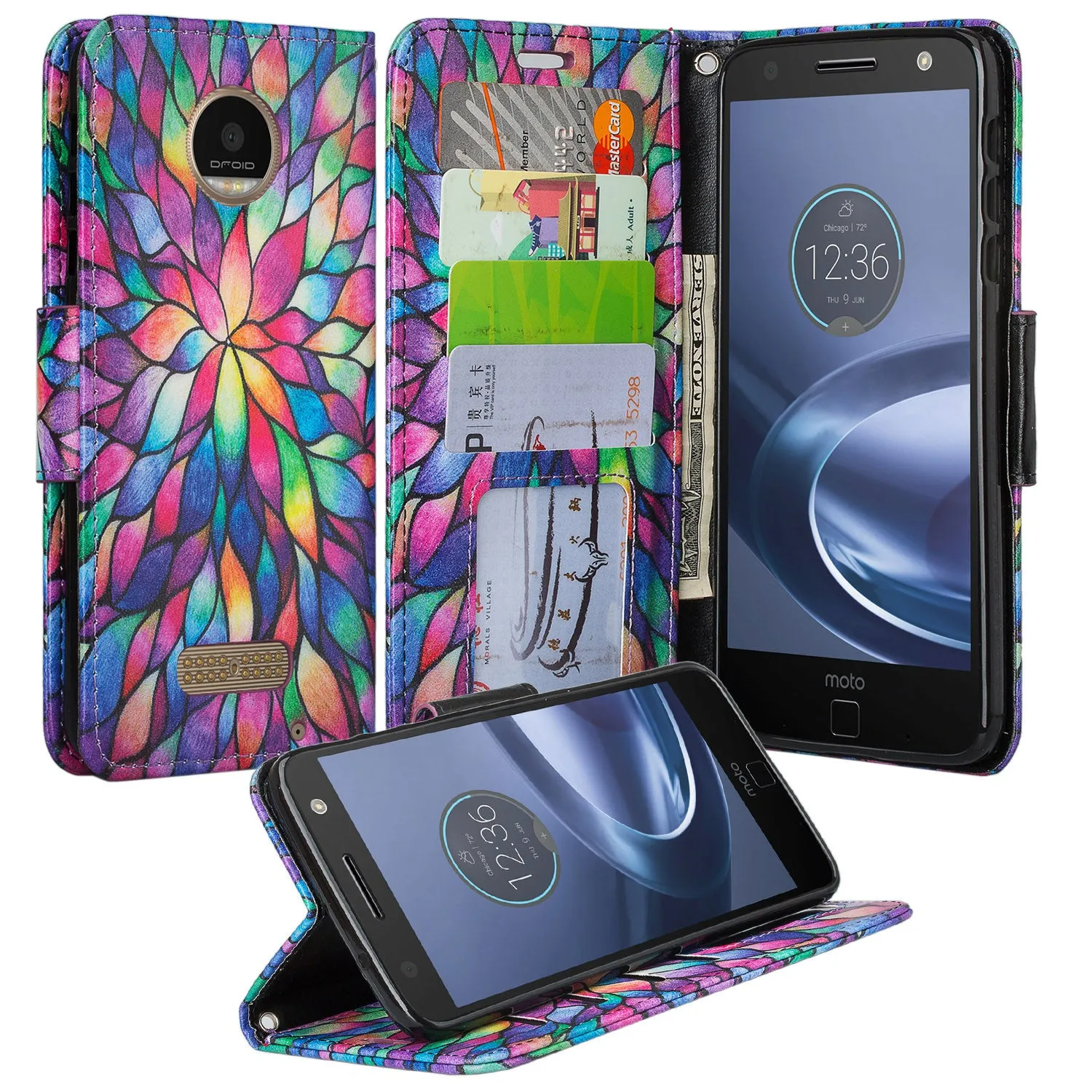 Moto Z Force Droid Case, Wrist Strap Flip Folio [Kickstand] Pu Leather Wallet Case with ID & Credit Card Slots & Money Pocket - Rainbow Flower