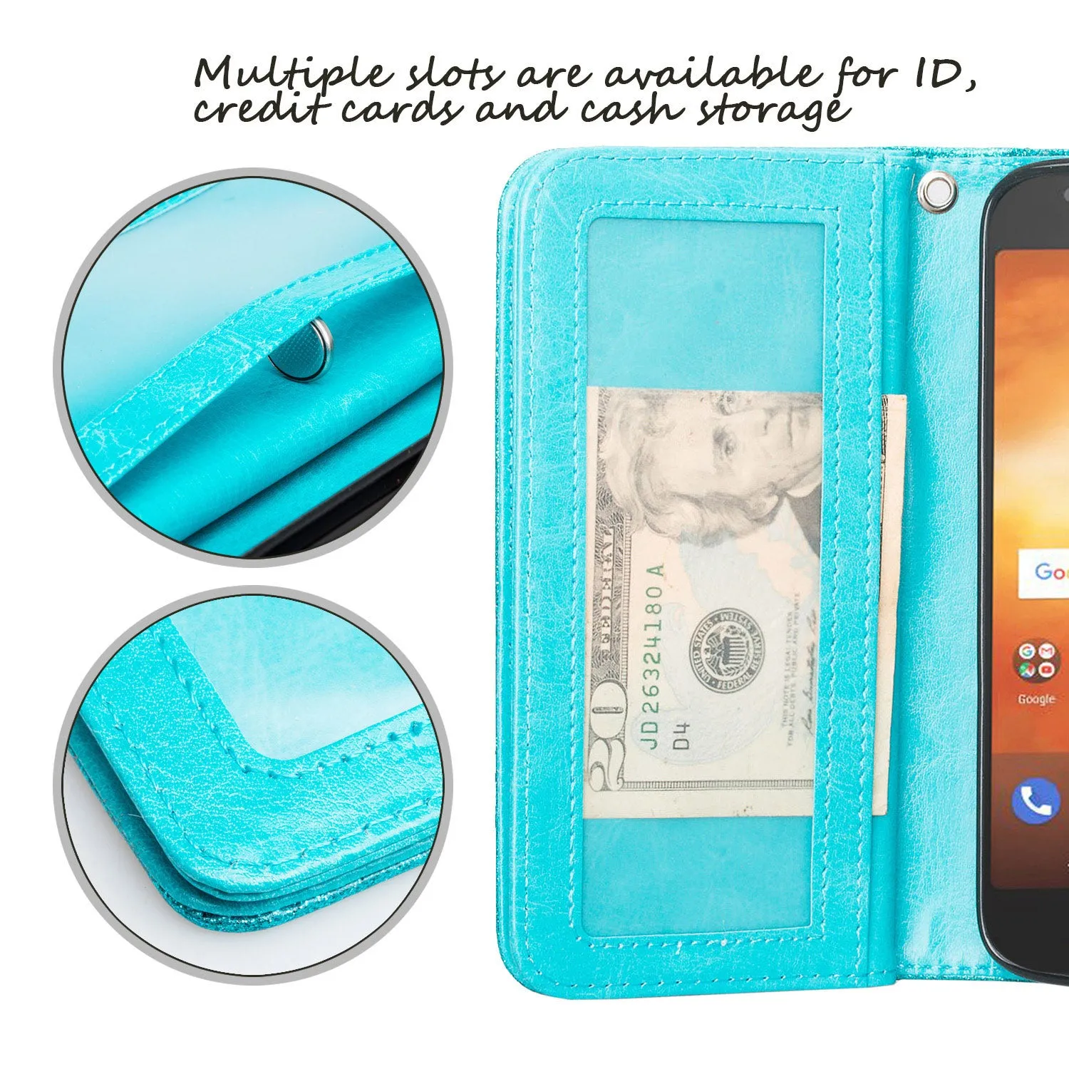 Motorola Moto E5 Play , e5 Cruise, E5 GO Case, [Wrist Strap] Glitter Faux Leather Flip [Kickstand Feature] Protective Wallet Case Cover Clutch - Teal