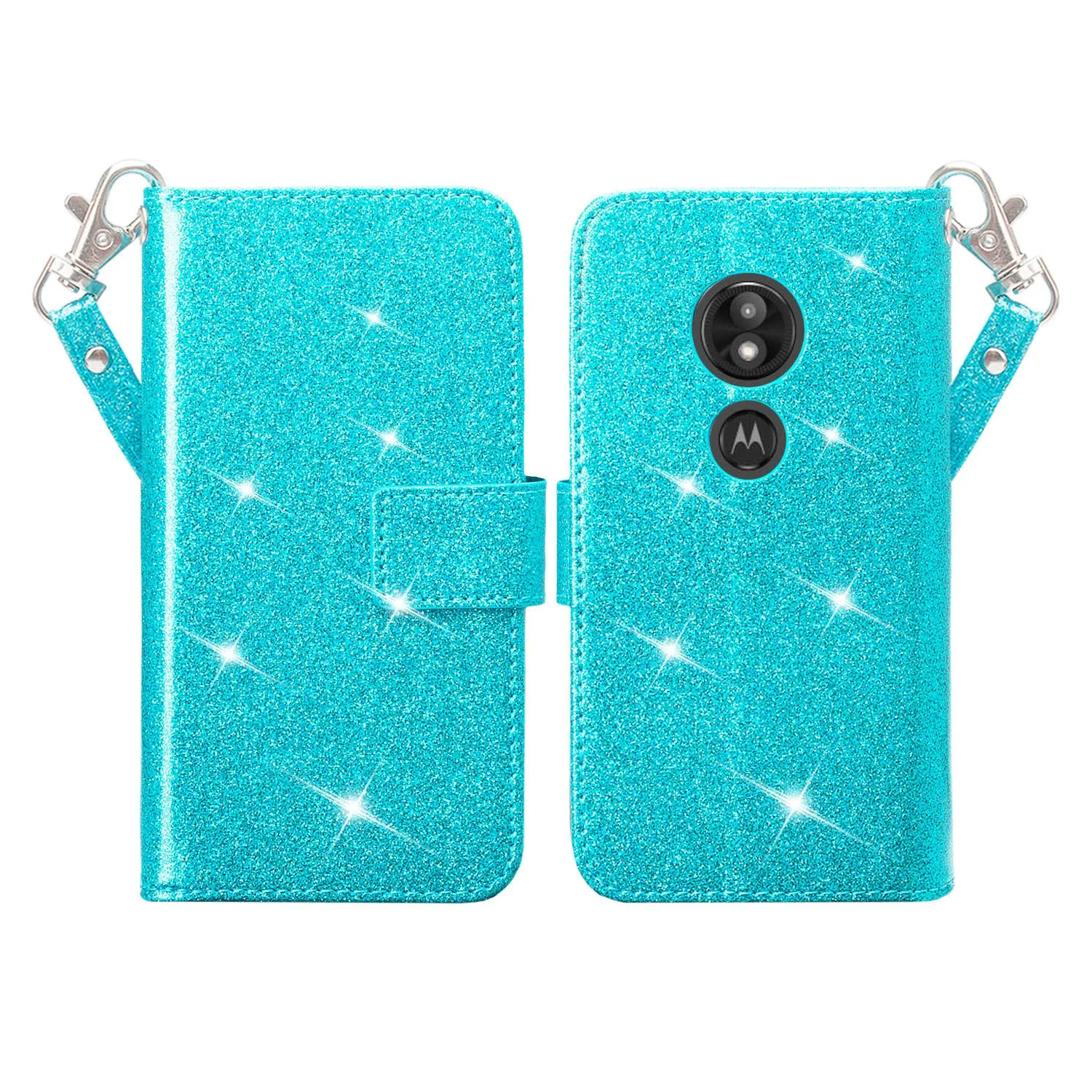 Motorola Moto E5 Play , e5 Cruise, E5 GO Case, [Wrist Strap] Glitter Faux Leather Flip [Kickstand Feature] Protective Wallet Case Cover Clutch - Teal