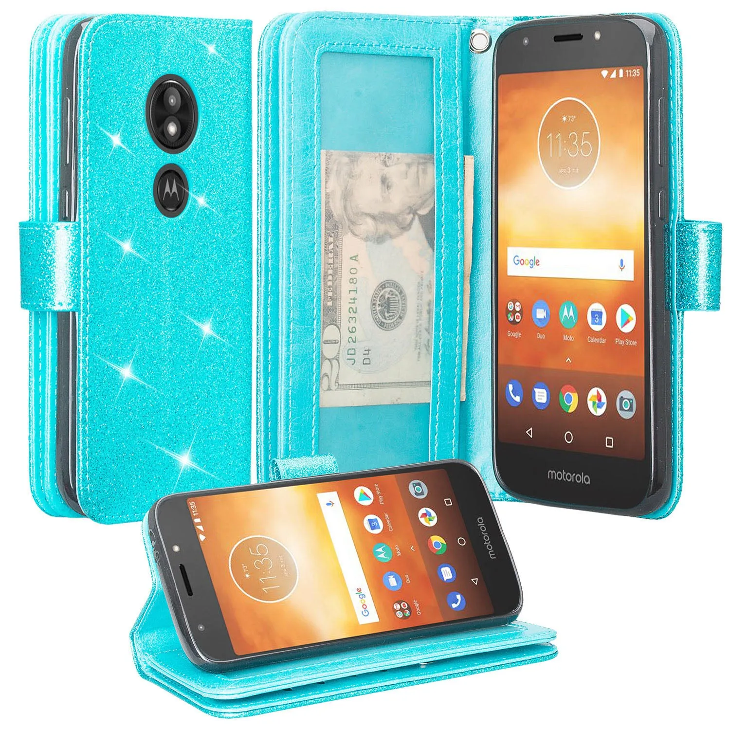 Motorola Moto E5 Play , e5 Cruise, E5 GO Case, [Wrist Strap] Glitter Faux Leather Flip [Kickstand Feature] Protective Wallet Case Cover Clutch - Teal