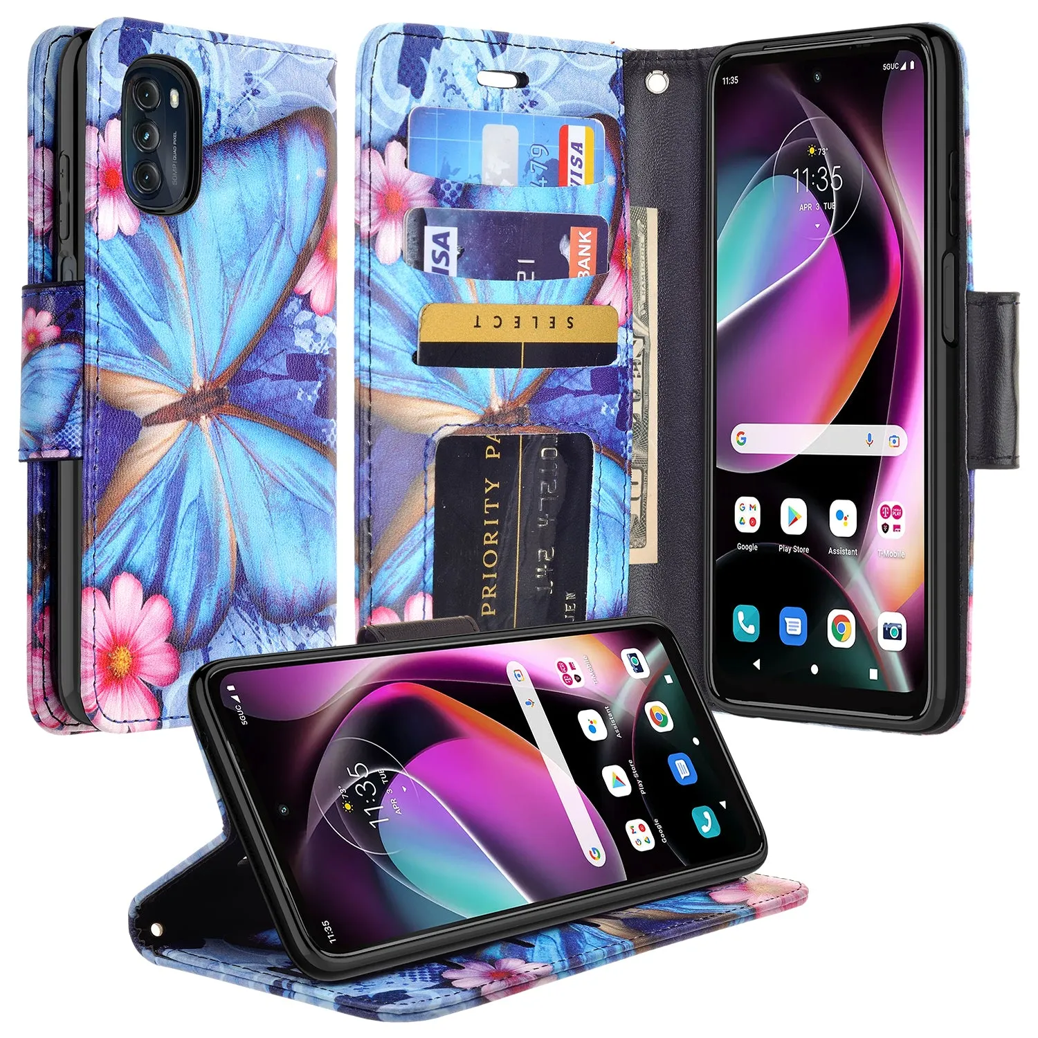 Motorola moto g 5G (2022) Case, moto g 5G (2022) Wallet Case, Wrist Strap Pu Leather Wallet Case [Kickstand] with ID & Credit Card Slots - Blue Butterfly