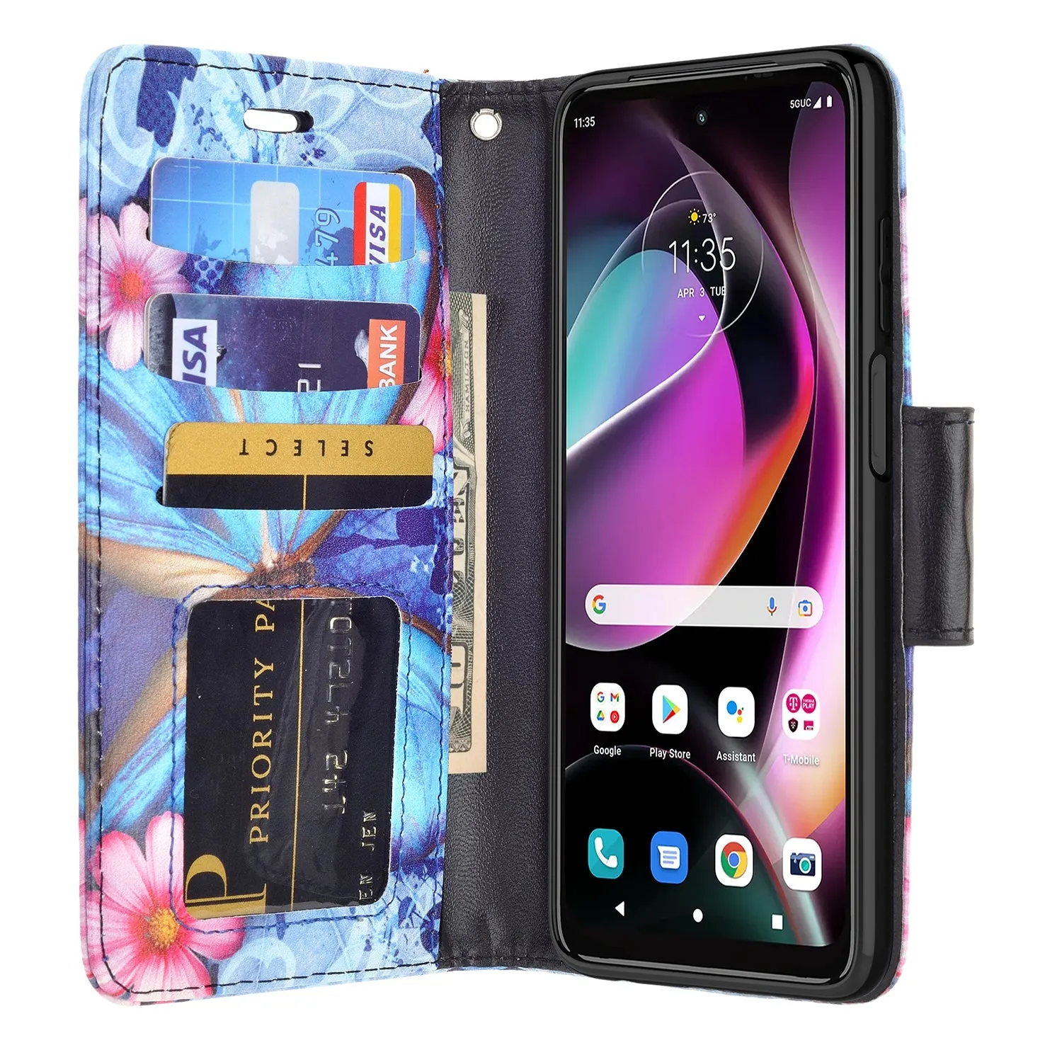 Motorola moto g 5G (2022) Case, moto g 5G (2022) Wallet Case, Wrist Strap Pu Leather Wallet Case [Kickstand] with ID & Credit Card Slots - Blue Butterfly