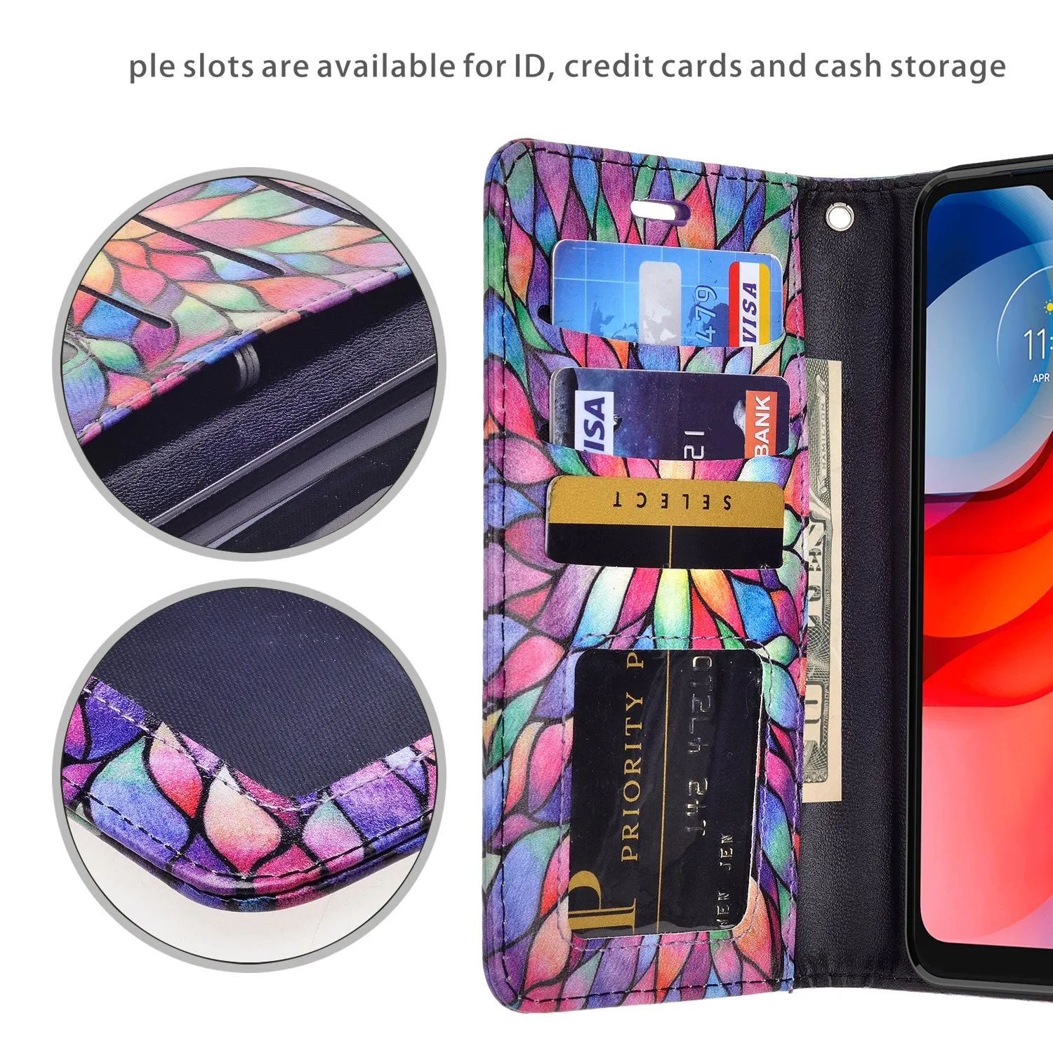 Motorola moto g play 2021 Case, moto g play 2021 Wallet Case, Wrist Strap Pu Leather Wallet Case [Kickstand] with ID & Credit Card Slots - Rainbow Flower