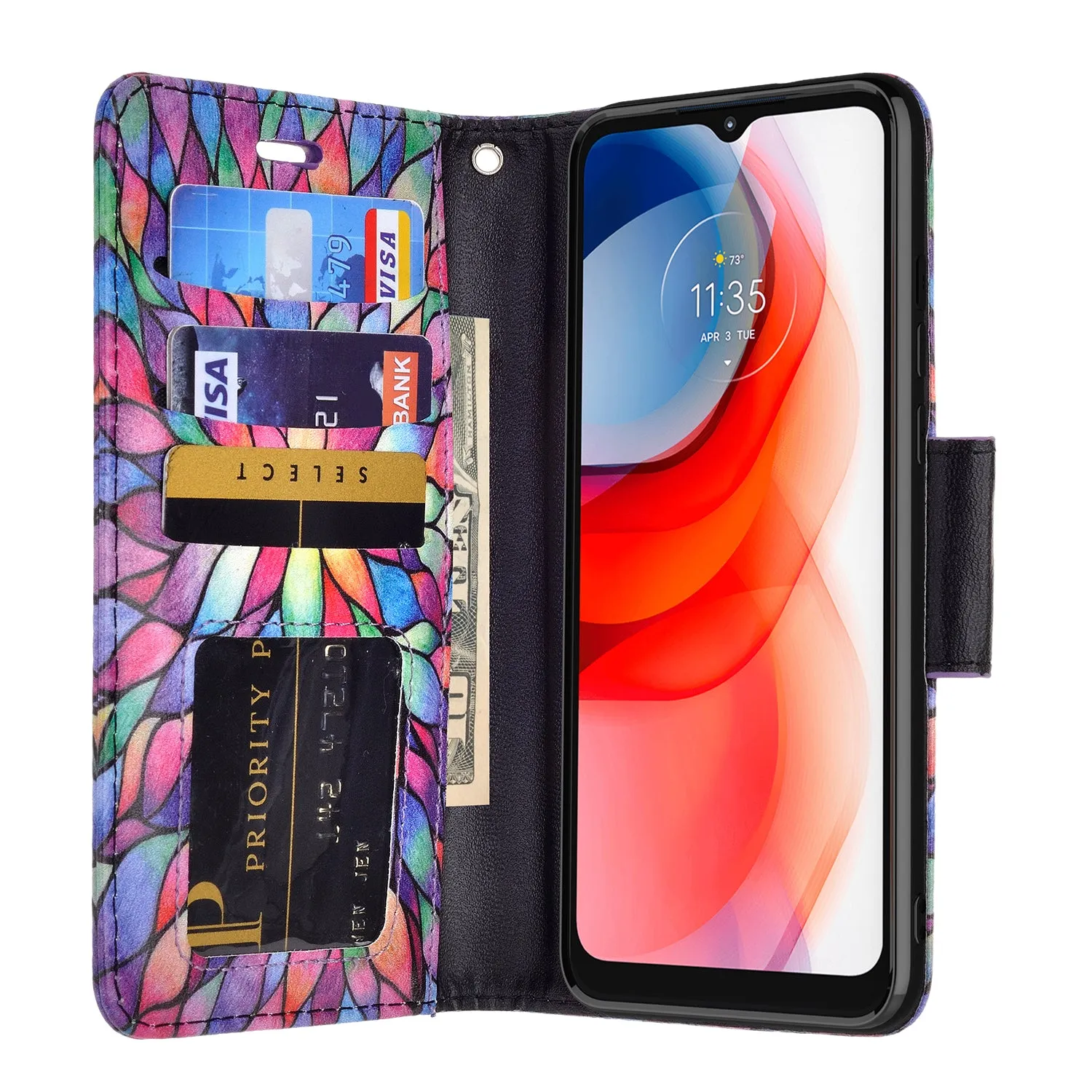 Motorola moto g play 2021 Case, moto g play 2021 Wallet Case, Wrist Strap Pu Leather Wallet Case [Kickstand] with ID & Credit Card Slots - Rainbow Flower