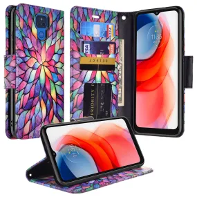 Motorola moto g play 2021 Case, moto g play 2021 Wallet Case, Wrist Strap Pu Leather Wallet Case [Kickstand] with ID & Credit Card Slots - Rainbow Flower