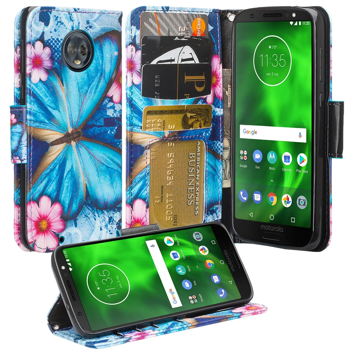 Motorola Moto G6 | Moto G6 2018 Case, Moto G6 | Moto G6 2018 Wallet Case, Wrist Strap Pu Leather Wallet Case [Kickstand] with ID & Credit Card Slots - Blue Butterfly