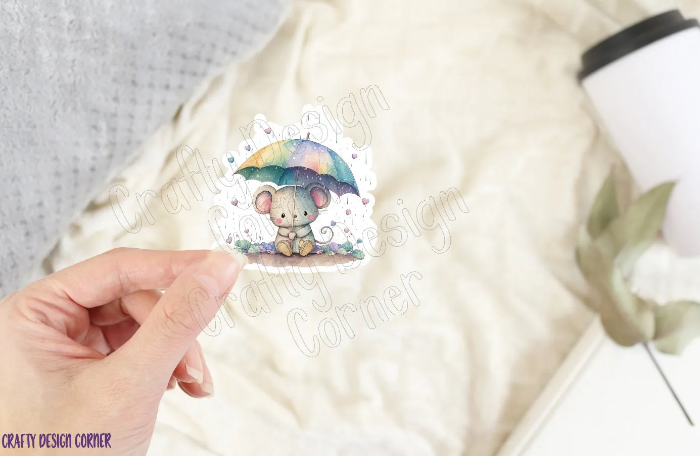 Mouse and Umbrella STICKER, Cute Mouse sticker, Cute Mouse with Rainbow brella sticker, Holographic option, Grey Mouse Sticker