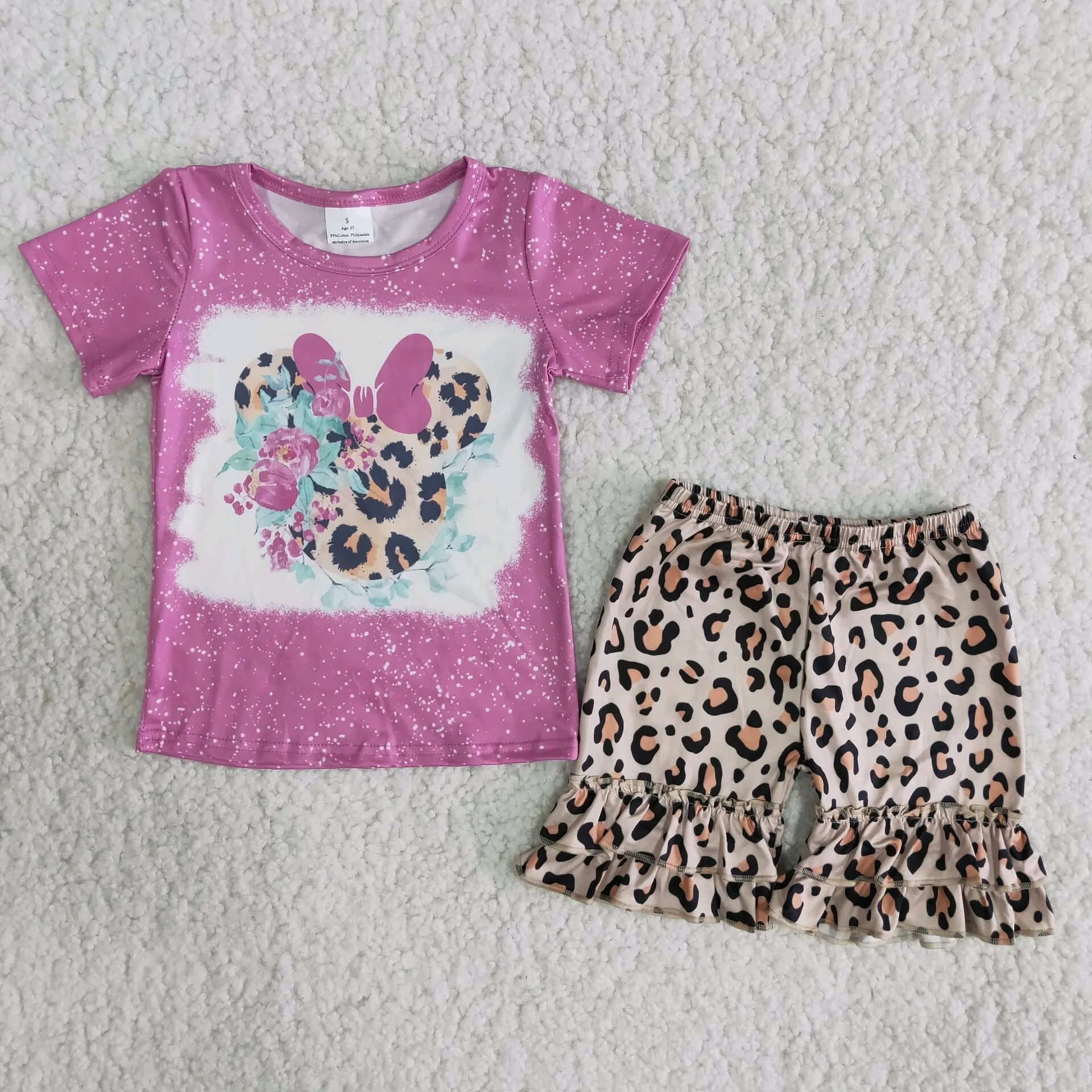 mouse pink short sleeve pink t-shirt leopard ruffle shorts set