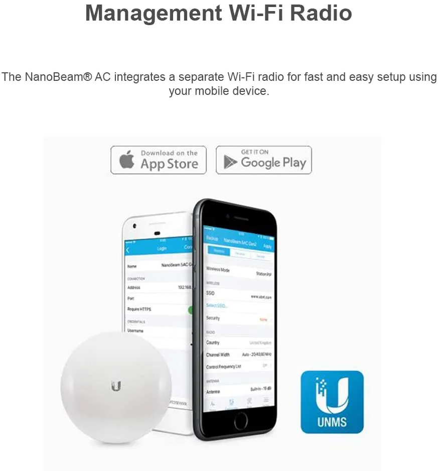 NanoBeam AC Gen2 NBE-5AC-Gen2-US 5GHz airMAX CPE with Dedicated Management Radio Bridge