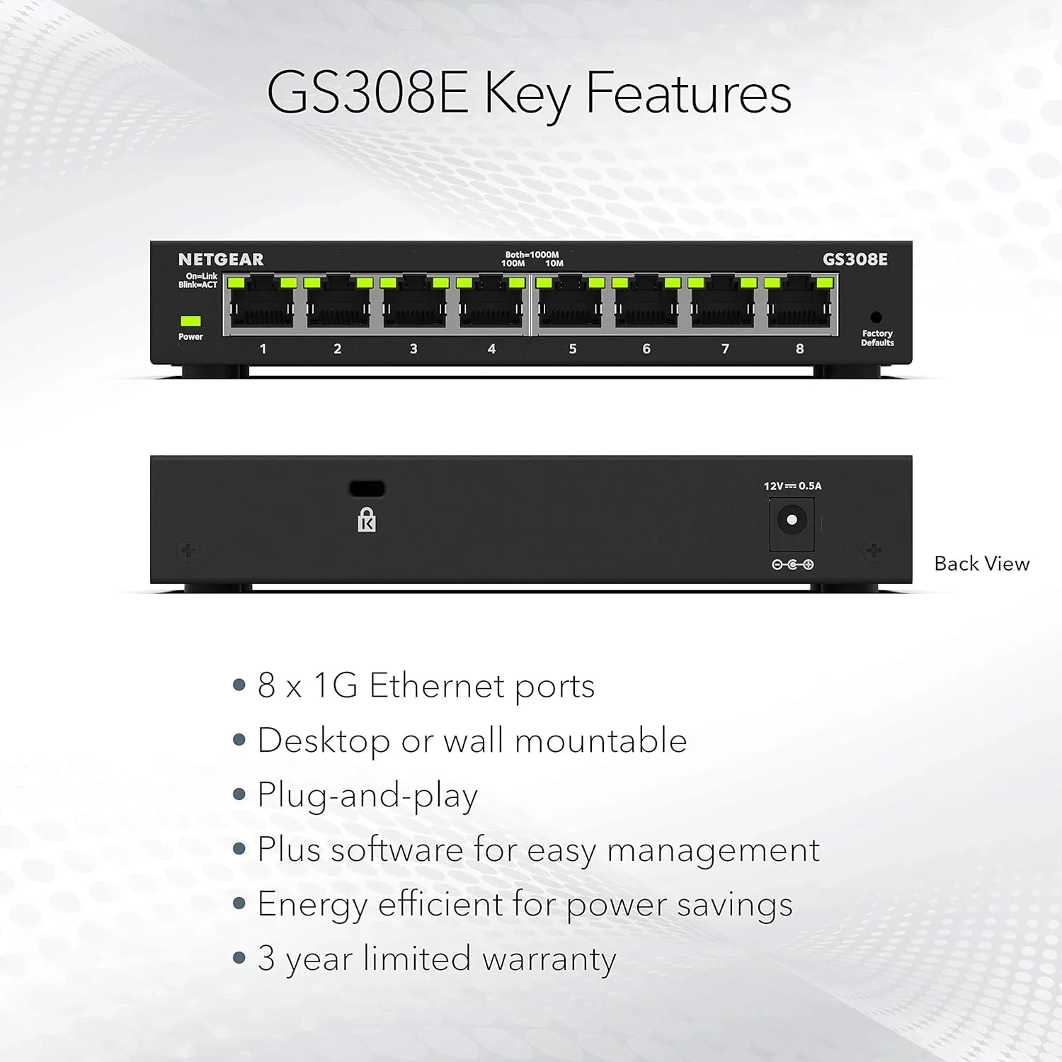 NETGEAR 8-Port Gigabit Ethernet Plus Switch (GS308E), Desktop/Wall Mount, Home/Office Network Hub, Silent Operation