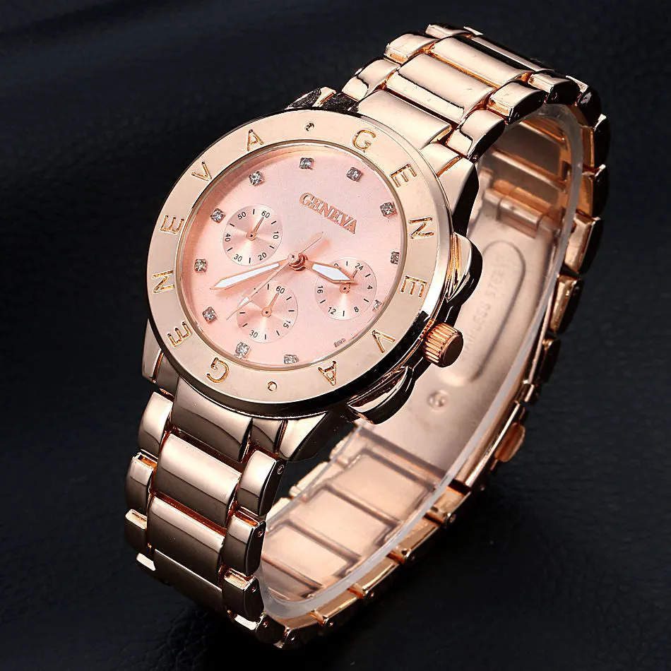 New Arrive Gold Geneva Brand Steel Alloy Women Men Wristwatch Bracelet Fashion Casual Sport Luxury Dress Business Watch