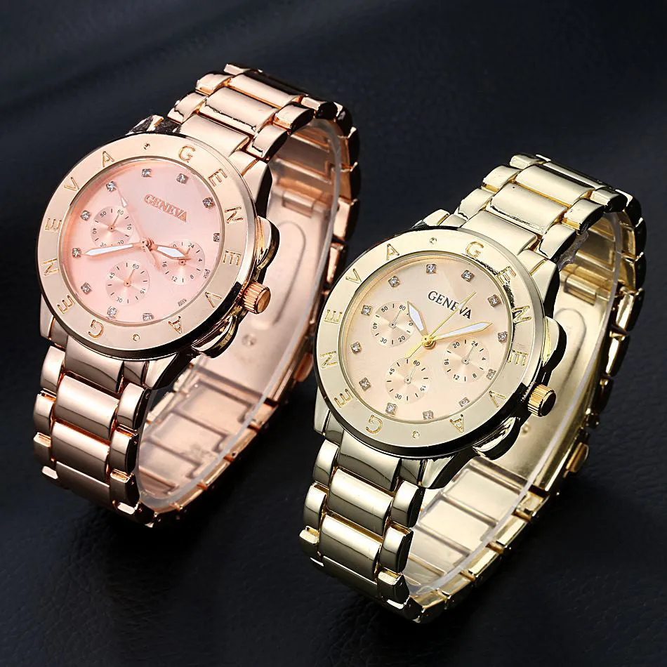 New Arrive Gold Geneva Brand Steel Alloy Women Men Wristwatch Bracelet Fashion Casual Sport Luxury Dress Business Watch