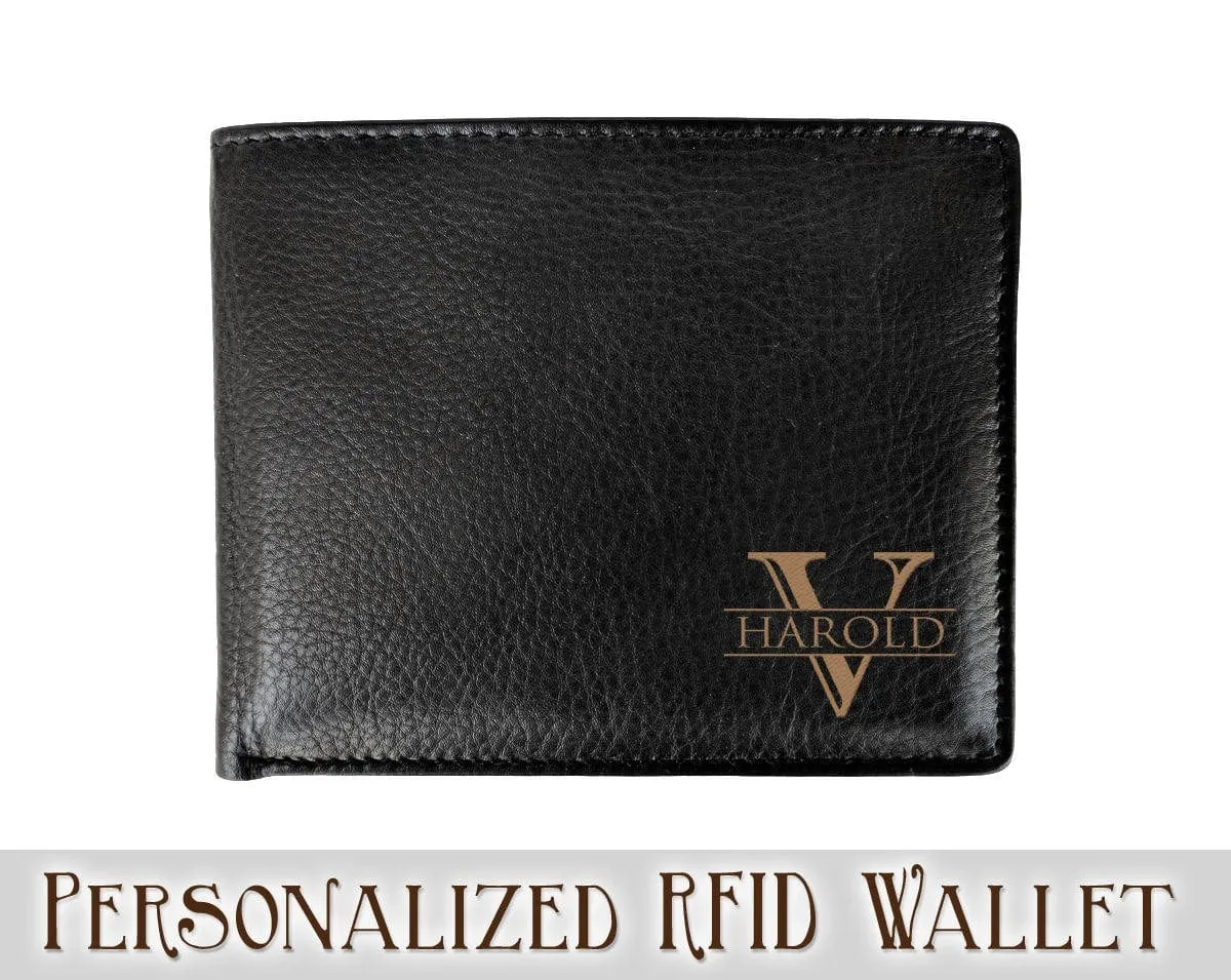 Personalized ONE Laser Engraved Initial Bifold Leather Wallet with RFID Blocking Monogram Custom Men's Black Wallet Gift for Man Groomsmen