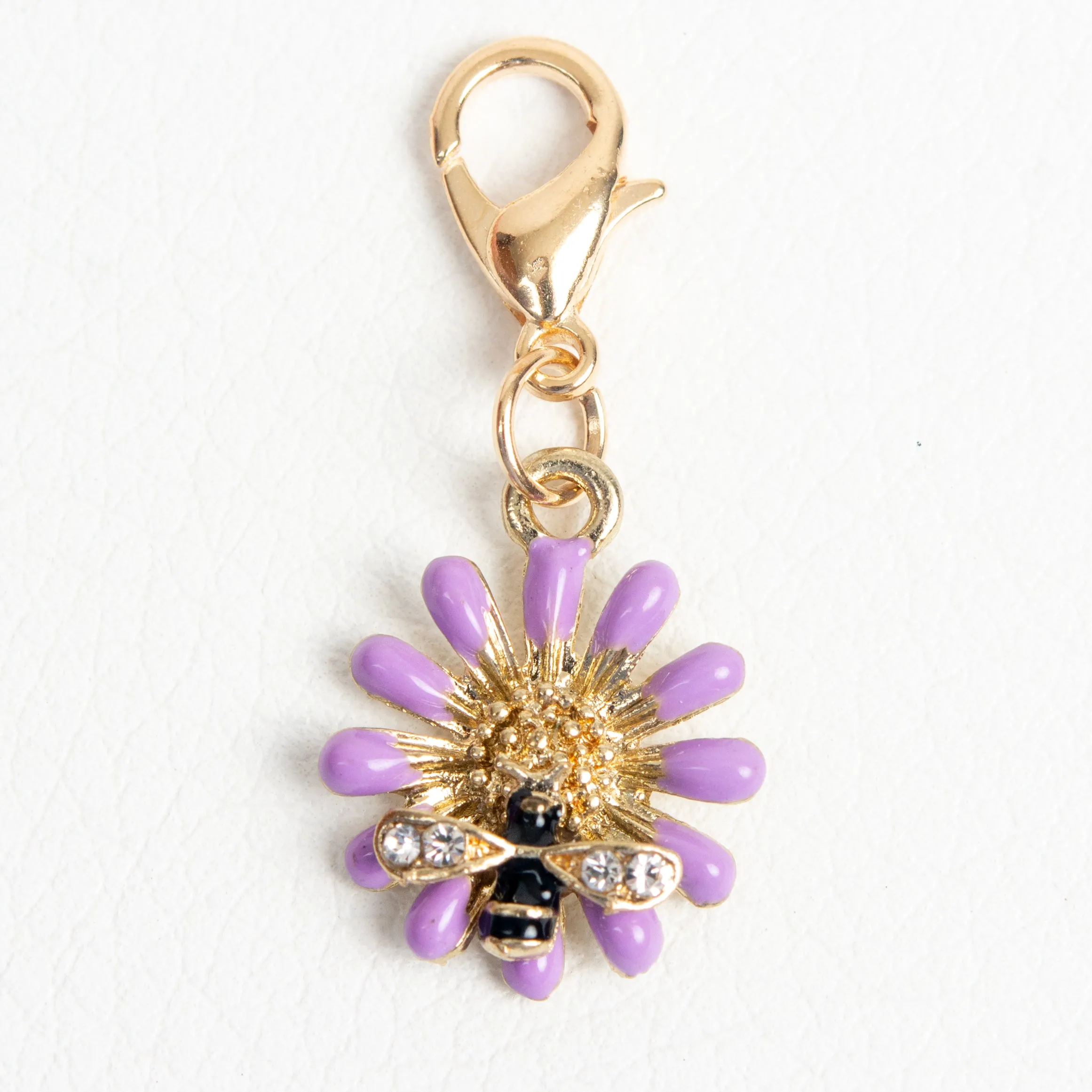 Petite Purple Flower and Bee Enamel Charm with Rhinestone Accents