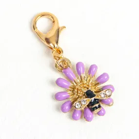 Petite Purple Flower and Bee Enamel Charm with Rhinestone Accents