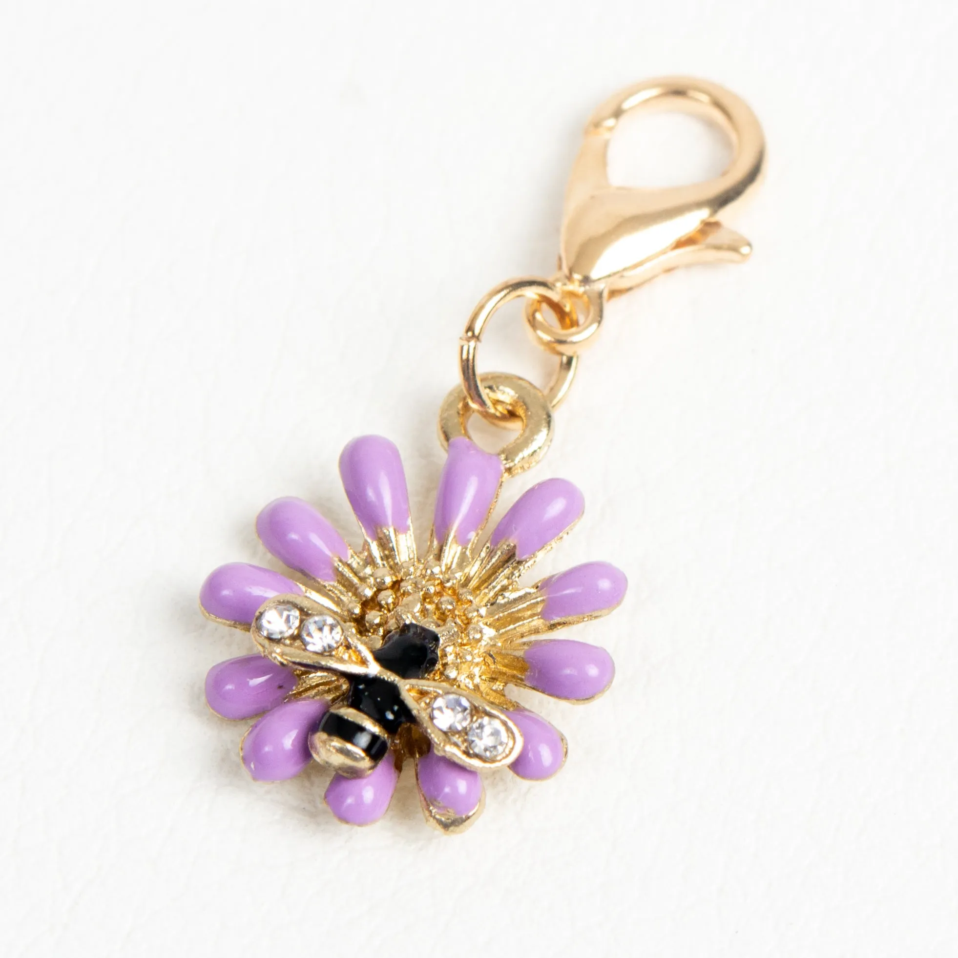 Petite Purple Flower and Bee Enamel Charm with Rhinestone Accents