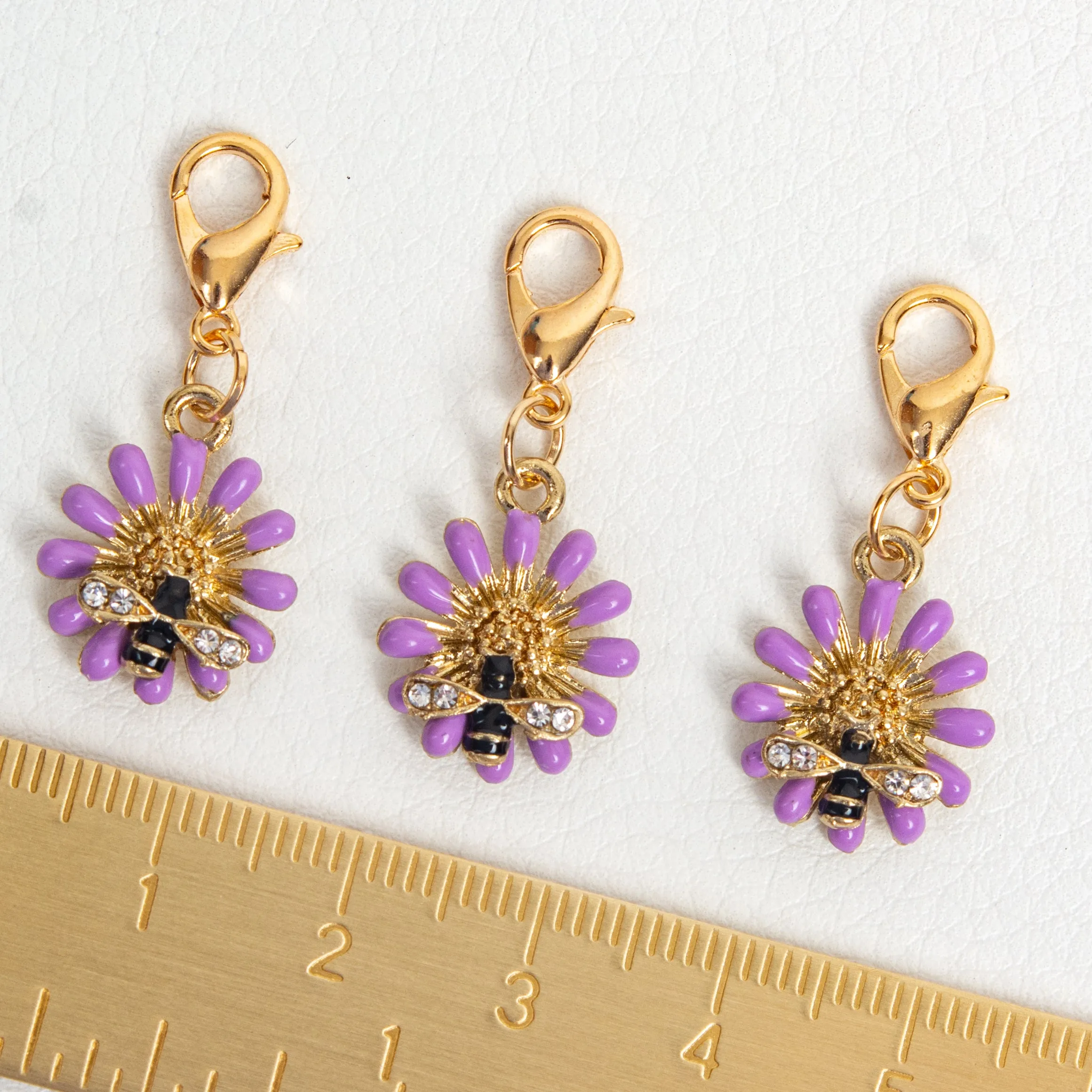 Petite Purple Flower and Bee Enamel Charm with Rhinestone Accents