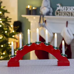 Red Arched Wooden Candle Bridge / 7 Warm White LEDs / Indoor Christmas Decoration / Battery Operated