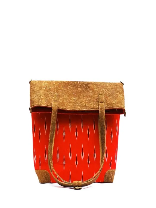 Red Vegan Leather and Ikat Weave Tote Bag cum Sling