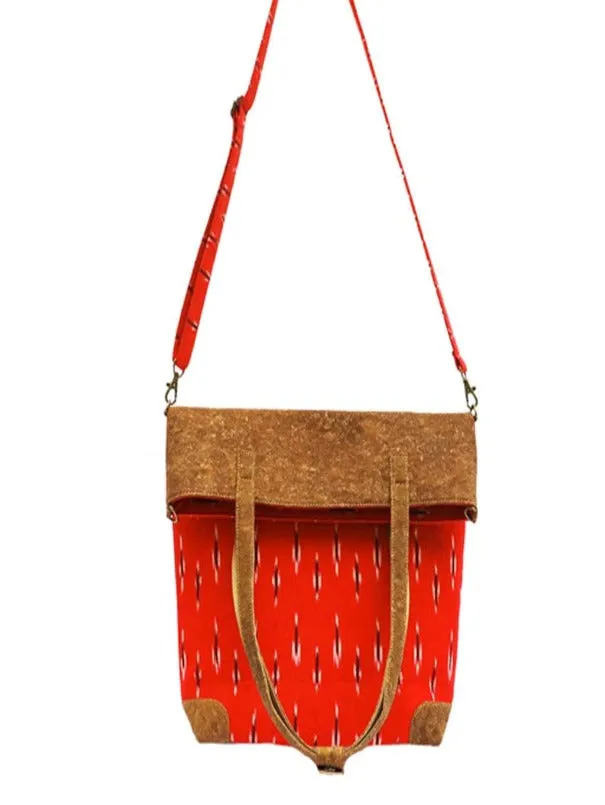 Red Vegan Leather and Ikat Weave Tote Bag cum Sling