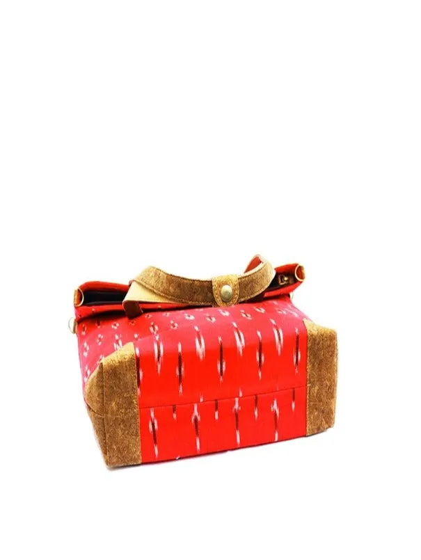 Red Vegan Leather and Ikat Weave Tote Bag cum Sling