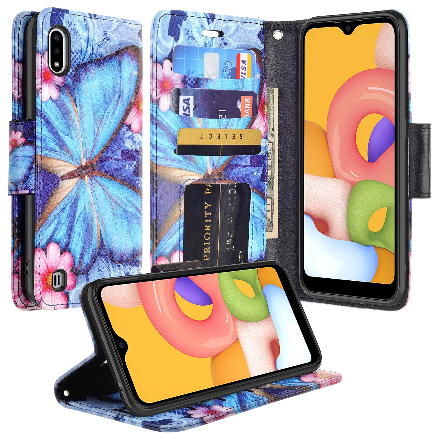 Samsung Galaxy A01 Case, Galaxy A01 Wallet Case, Wrist Strap Pu Leather Wallet Case [Kickstand] with ID & Credit Card Slots - Blue Butterfly