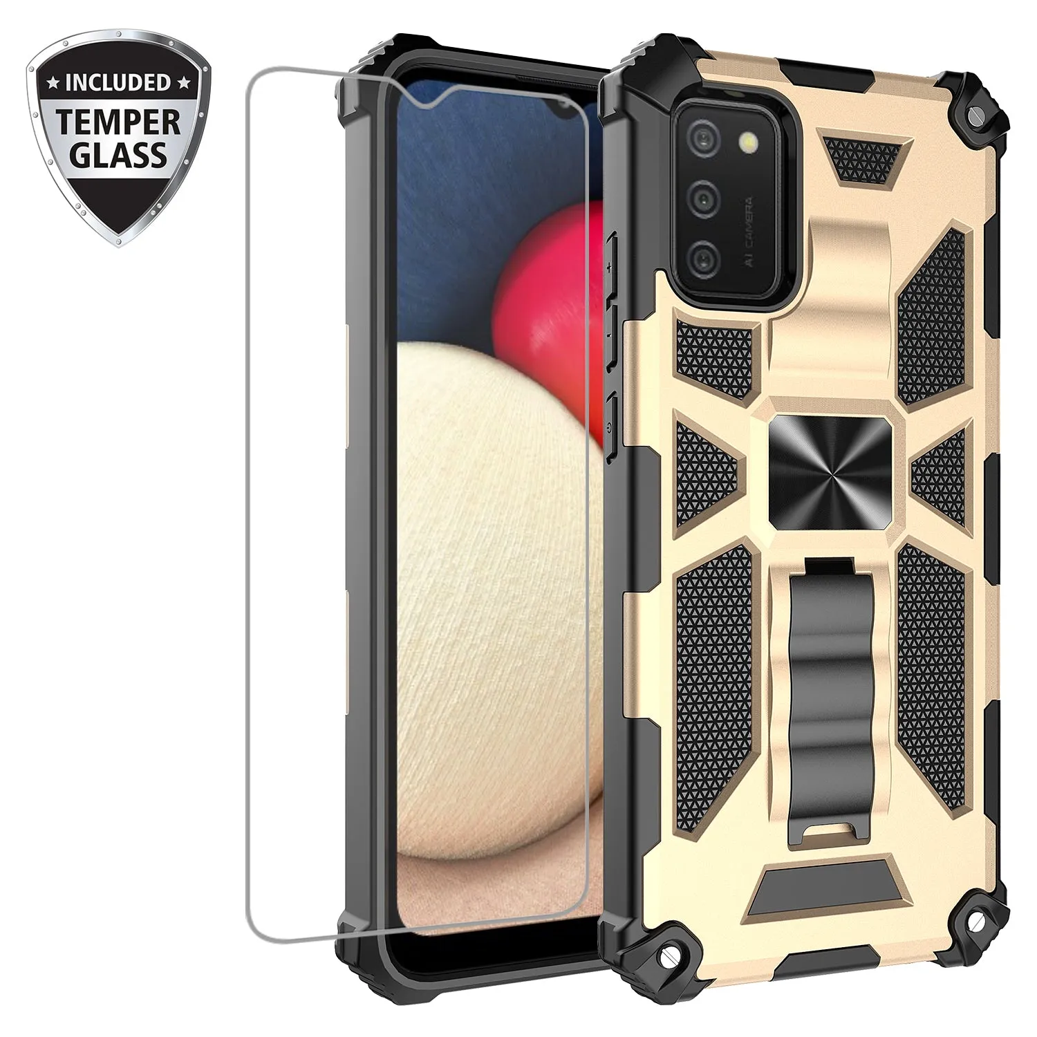 Samsung Galaxy A02s Case [Military Grade] Ring Car Mount Kickstand Hybrid Hard PC Soft TPU Shockproof Protective Case - Gold