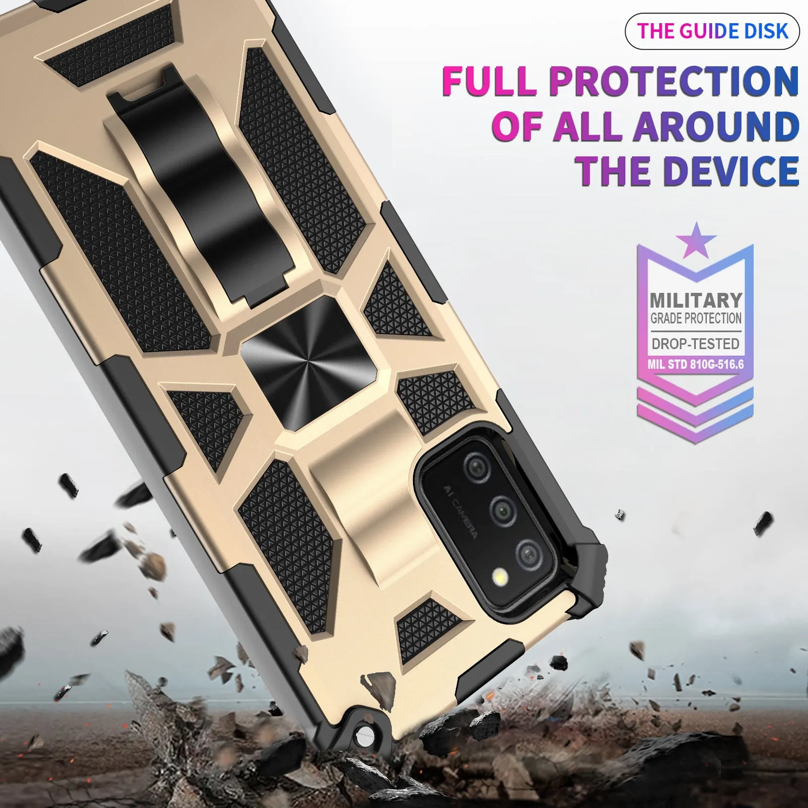 Samsung Galaxy A02s Case [Military Grade] Ring Car Mount Kickstand Hybrid Hard PC Soft TPU Shockproof Protective Case - Gold