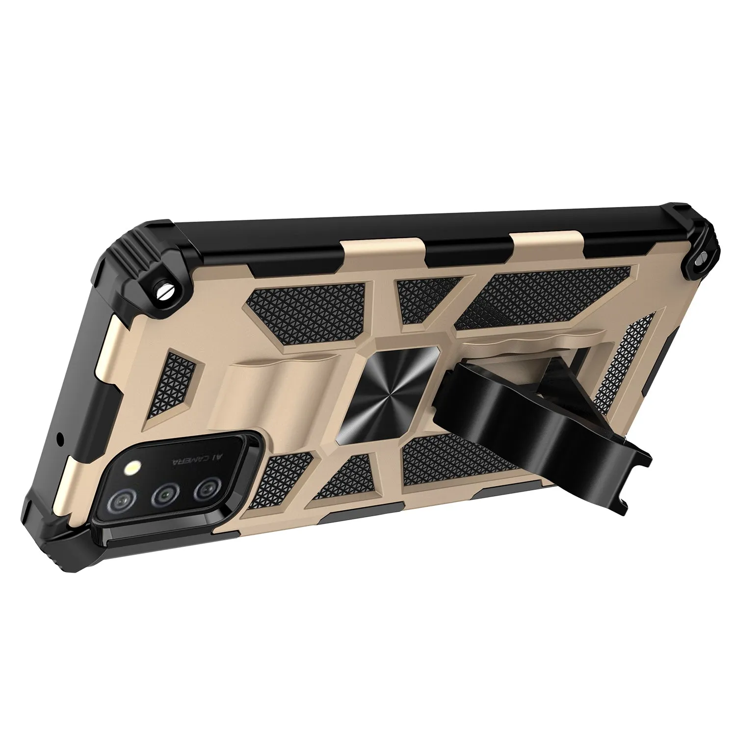 Samsung Galaxy A02s Case [Military Grade] Ring Car Mount Kickstand Hybrid Hard PC Soft TPU Shockproof Protective Case - Gold