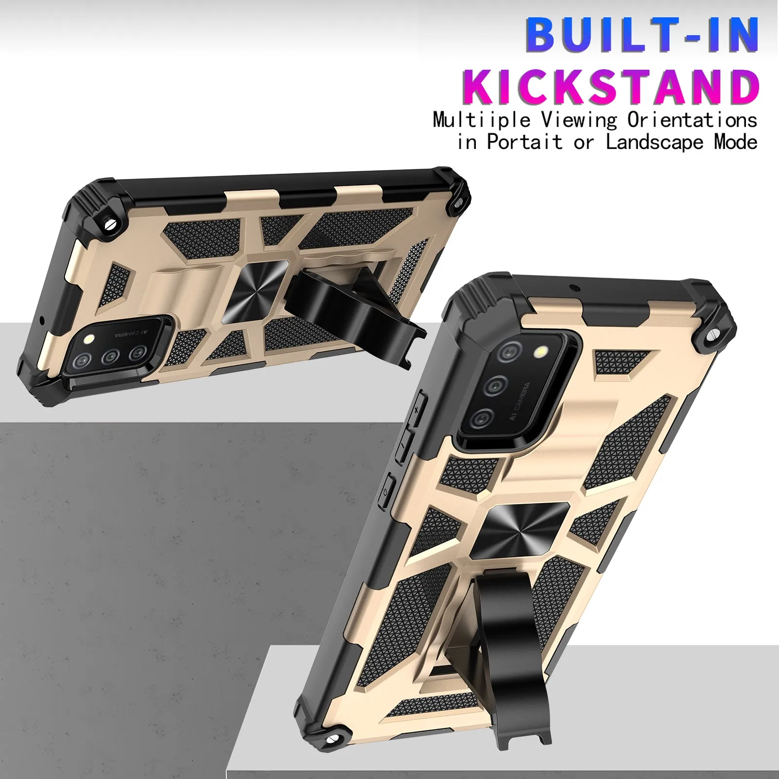 Samsung Galaxy A02s Case [Military Grade] Ring Car Mount Kickstand Hybrid Hard PC Soft TPU Shockproof Protective Case - Gold