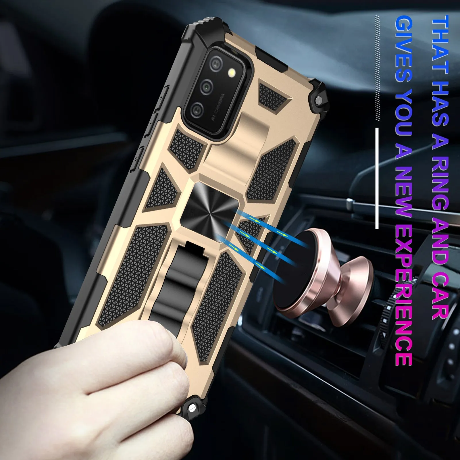 Samsung Galaxy A02s Case [Military Grade] Ring Car Mount Kickstand Hybrid Hard PC Soft TPU Shockproof Protective Case - Gold