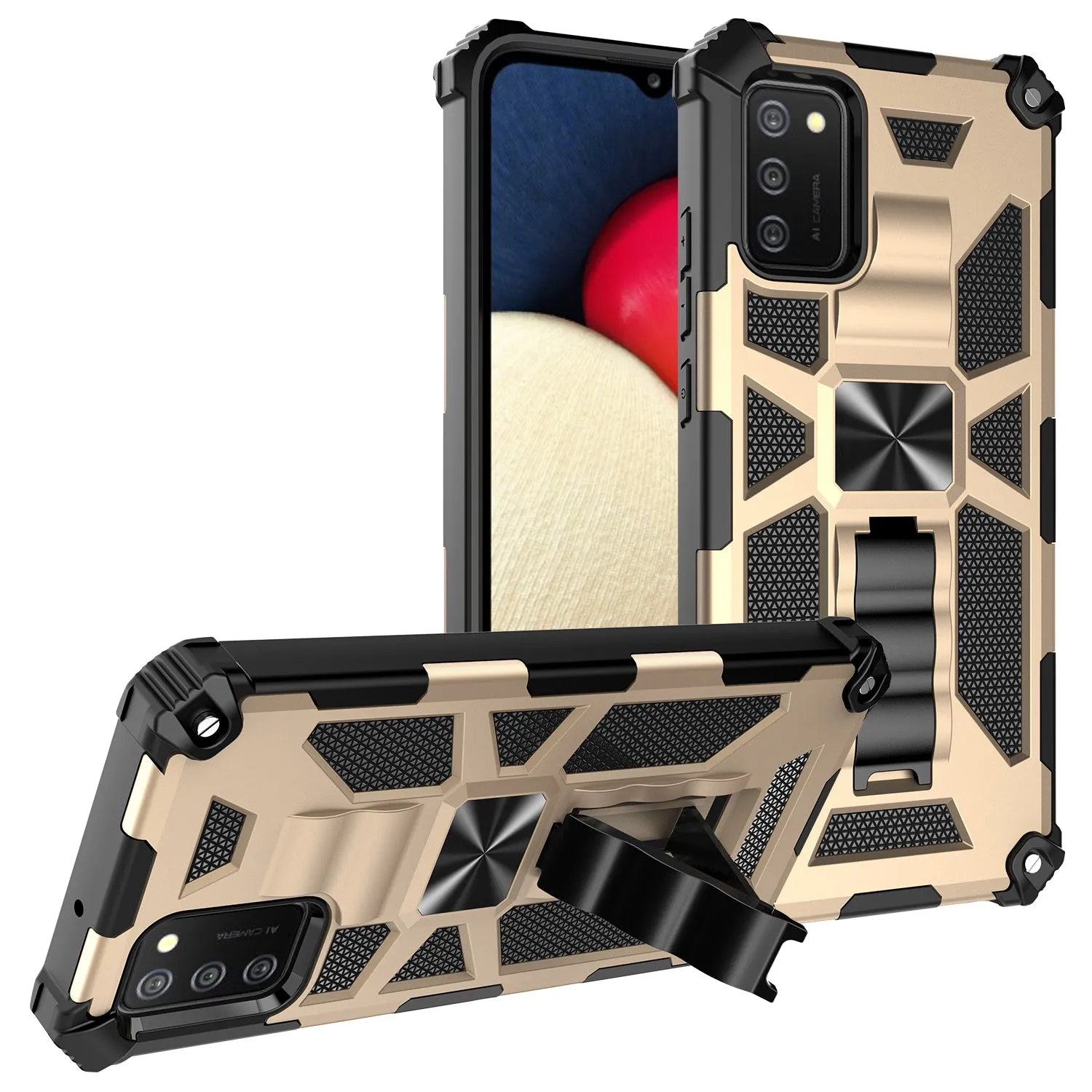 Samsung Galaxy A02s Case [Military Grade] Ring Car Mount Kickstand Hybrid Hard PC Soft TPU Shockproof Protective Case - Gold