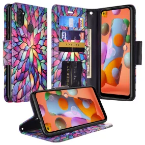 Samsung Galaxy A11 Case, Galaxy A11 Wallet Case, Wrist Strap Pu Leather Wallet Case [Kickstand] with ID & Credit Card Slots - Rainbow Flower