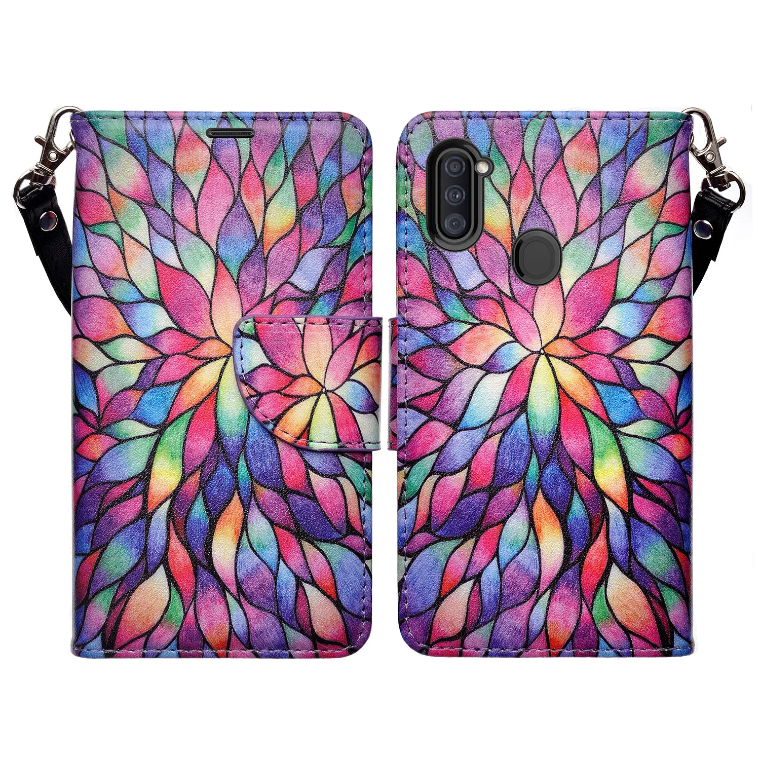 Samsung Galaxy A11 Case, Galaxy A11 Wallet Case, Wrist Strap Pu Leather Wallet Case [Kickstand] with ID & Credit Card Slots - Rainbow Flower