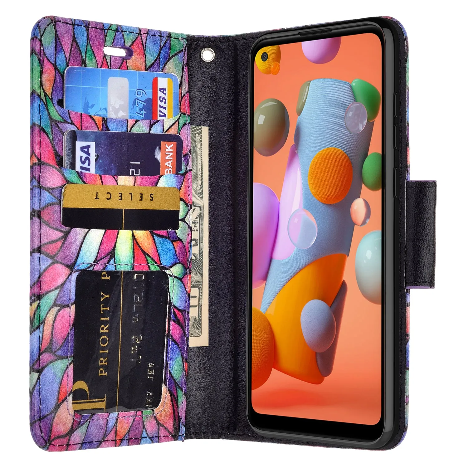 Samsung Galaxy A11 Case, Galaxy A11 Wallet Case, Wrist Strap Pu Leather Wallet Case [Kickstand] with ID & Credit Card Slots - Rainbow Flower