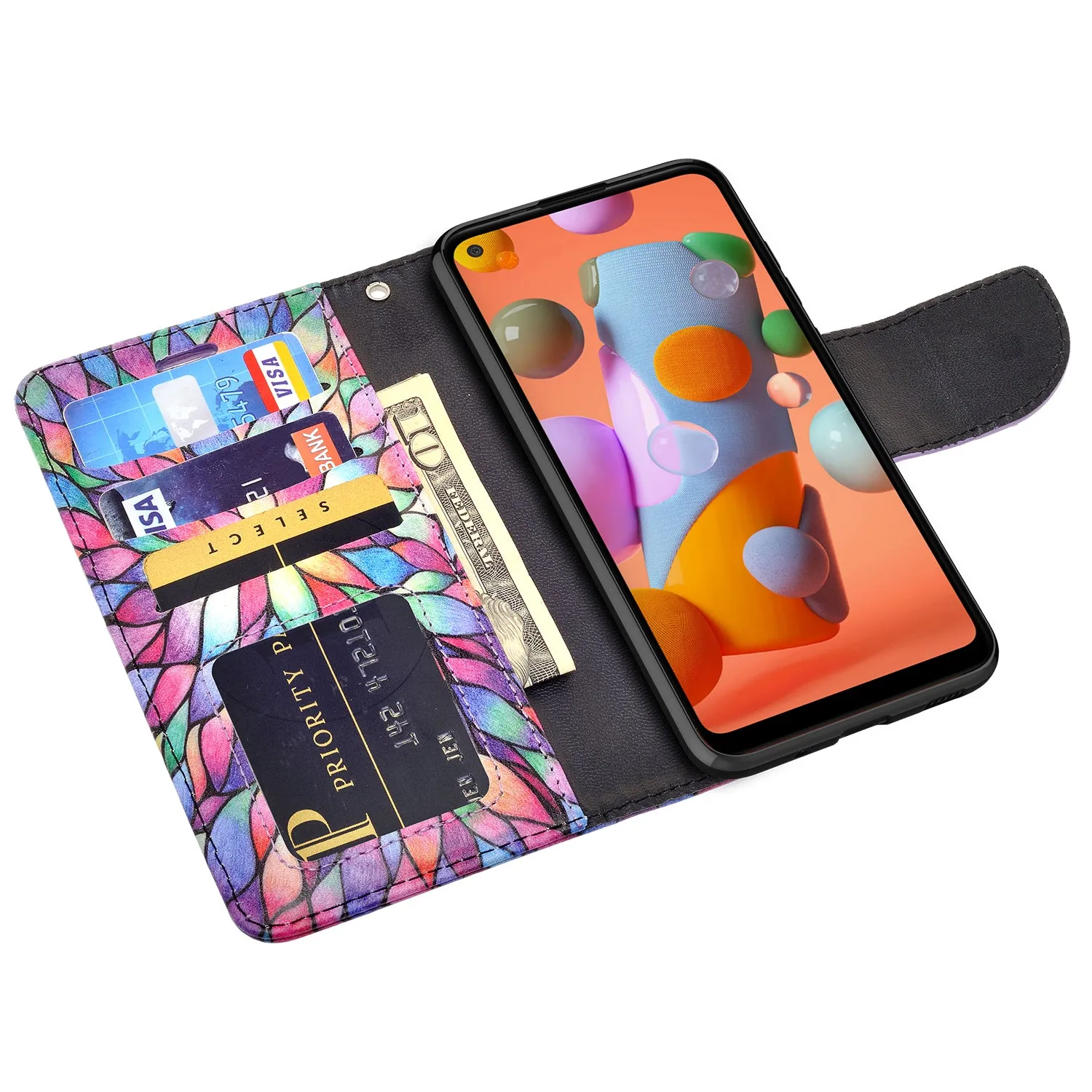 Samsung Galaxy A11 Case, Galaxy A11 Wallet Case, Wrist Strap Pu Leather Wallet Case [Kickstand] with ID & Credit Card Slots - Rainbow Flower