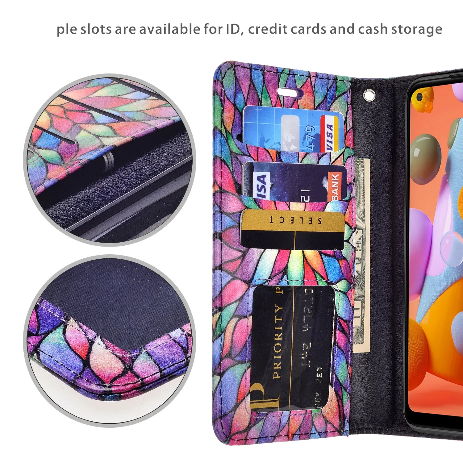 Samsung Galaxy A11 Case, Galaxy A11 Wallet Case, Wrist Strap Pu Leather Wallet Case [Kickstand] with ID & Credit Card Slots - Rainbow Flower