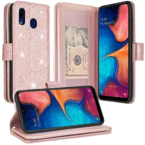 Samsung Galaxy A20 Case, Galaxy A20 Case, Glitter Faux Leather Flip Credit Card Holder Wrist Strap Shockproof Protective Wallet Case Clutch for Galaxy A20 - Rose Gold