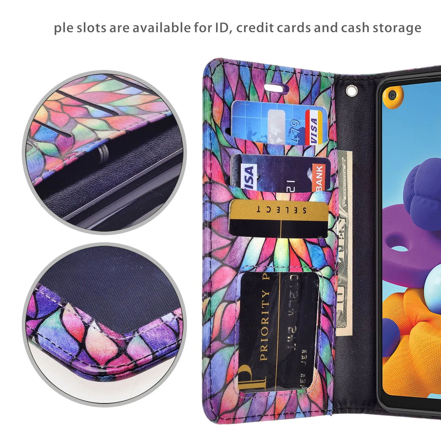 Samsung Galaxy A21 Case, Galaxy A21 Wallet Case, Wrist Strap Pu Leather Wallet Case [Kickstand] with ID & Credit Card Slots - Rainbow Flower