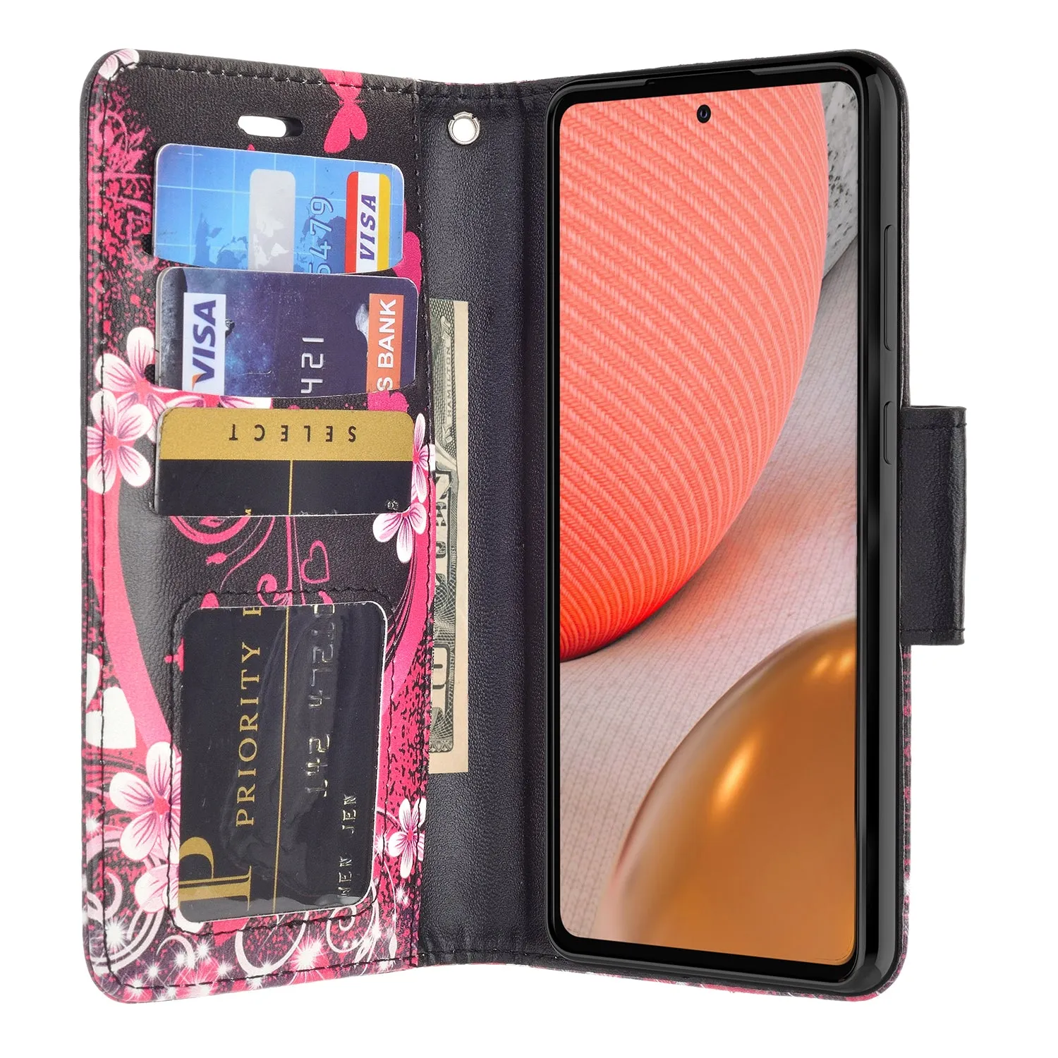 Samsung Galaxy A72 5G Case, Galaxy A72 5G Wallet Case, Wrist Strap Pu Leather Wallet Case [Kickstand] with ID & Credit Card Slots - Heart Butterflies