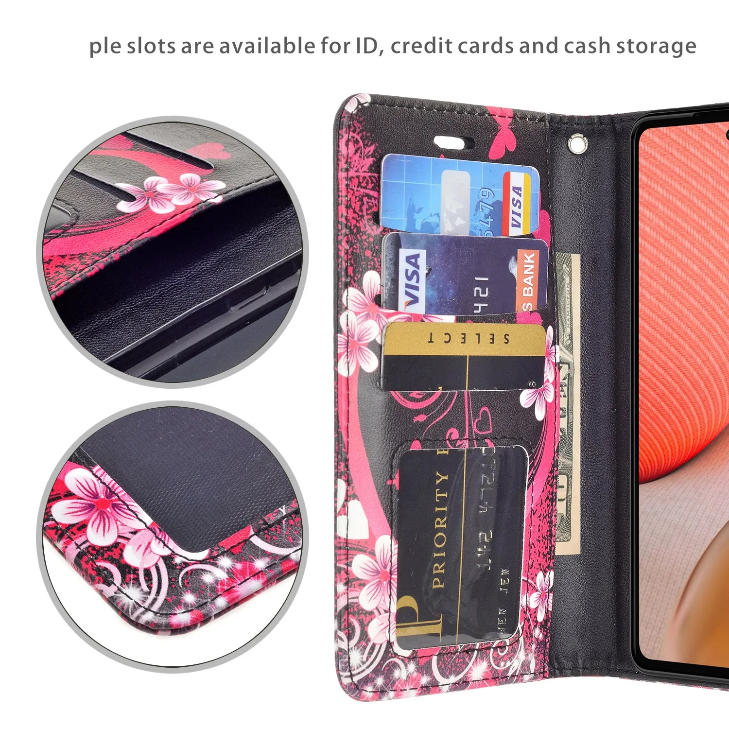 Samsung Galaxy A72 5G Case, Galaxy A72 5G Wallet Case, Wrist Strap Pu Leather Wallet Case [Kickstand] with ID & Credit Card Slots - Heart Butterflies