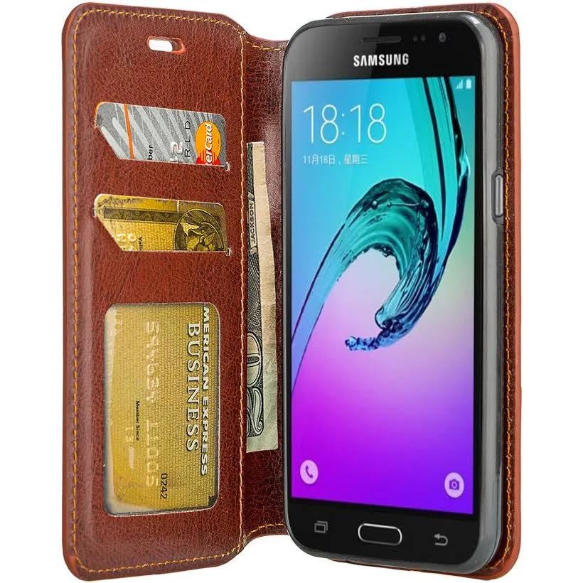 Samsung Galaxy Core Prime Wallet Case, Slim Flip [Kickstand] Pu Leather Wallet Case with ID & Credit Card Slots - Brown