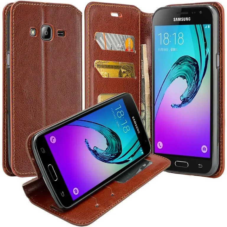 Samsung Galaxy Core Prime Wallet Case, Slim Flip [Kickstand] Pu Leather Wallet Case with ID & Credit Card Slots - Brown