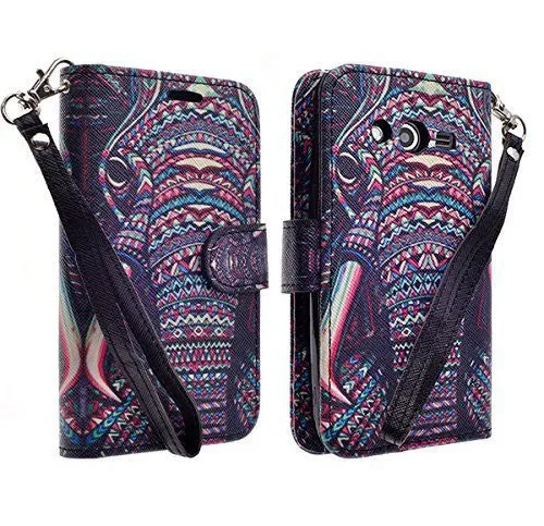 Samsung Galaxy Core Prime Wallet Case, Wrist Strap Flip [Kickstand] Pu Leather Wallet Case with ID & Credit Card Slots - Tribal Elephant