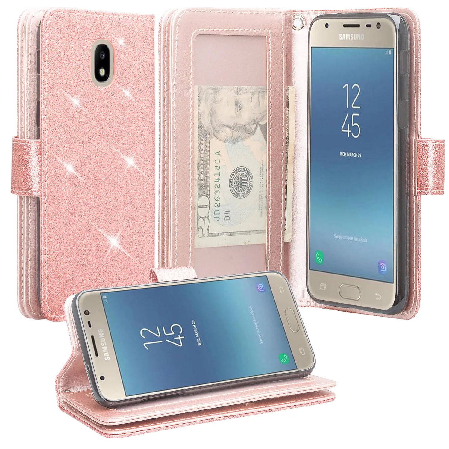 Samsung Galaxy J7 V 2nd Gen/J7 Crown/J7 Top/J7 2018/J7 Star/J7 Achieve/J7 Refine/J7 Aero/J7 Aura Case, Wrist Strap Glitter Bling Leather Flip [Kickstand Feature] Protective Wallet Cover Clutch - Rose Gold