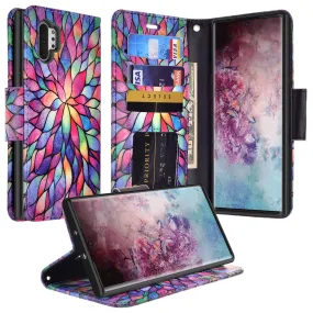 Samsung Galaxy Note 10  Case, Galaxy Note 10 Plus Wallet Case, Wrist Strap Pu Leather Wallet Case [Kickstand] with ID & Credit Card Slots - Rainbow Flower